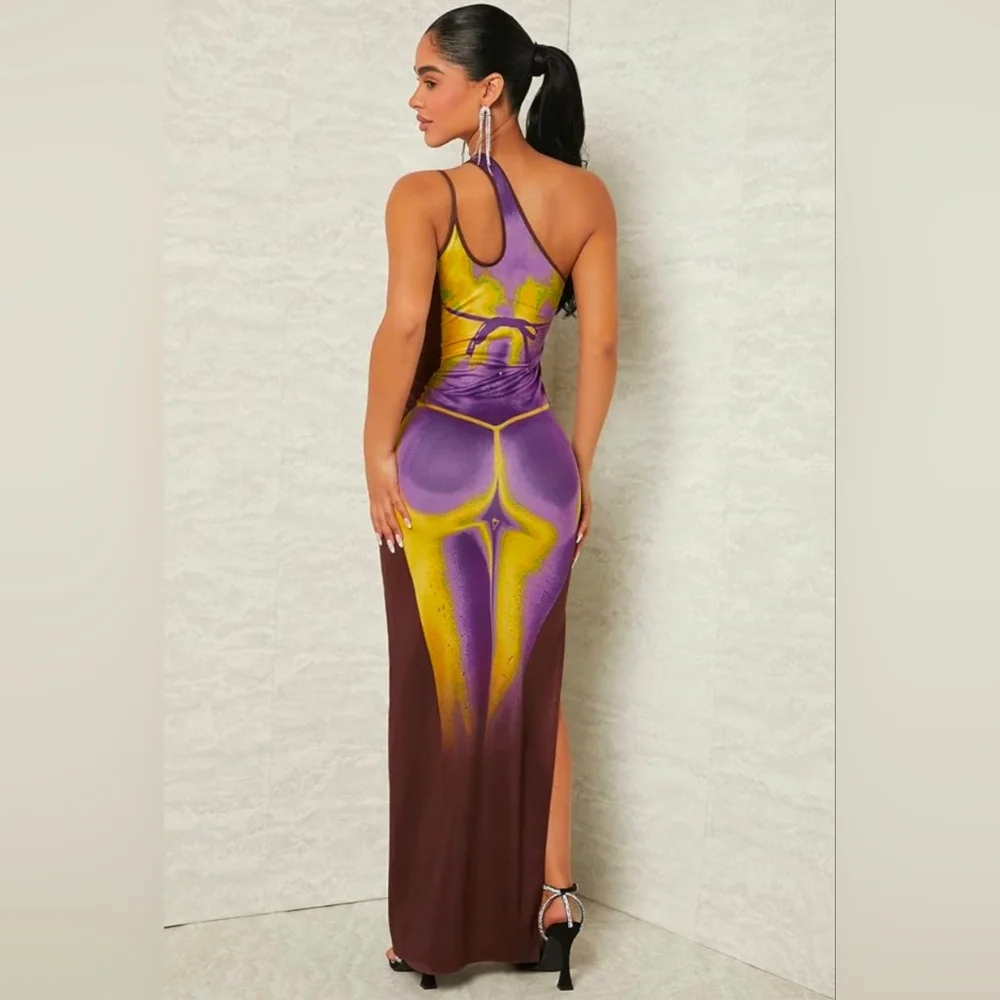 Asymmetric One-Shoulder Brown, Purple & Yellow Print Maxi Dress Size:X-Small - Picture 2 of 4